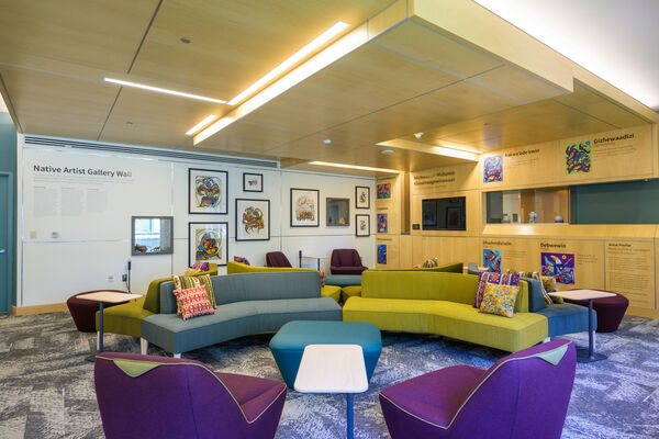 A lounge in Alice Lloyd with brightly colored furniture