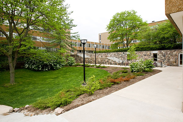 Bursley Hall exterior with spring landscaping