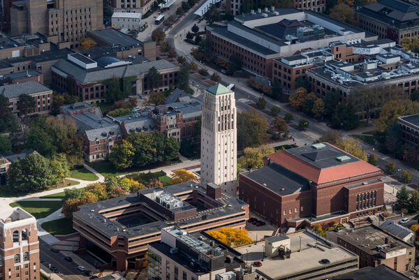 An aerial view of Burton Tower on U-M's Central Campus
