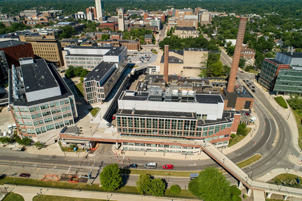 An aerial view of the LSI on the corner of Washtenaw and Huron streets