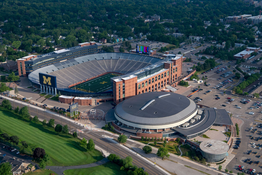 An overhead view of Crisler Center, located next to Michigan Stadium