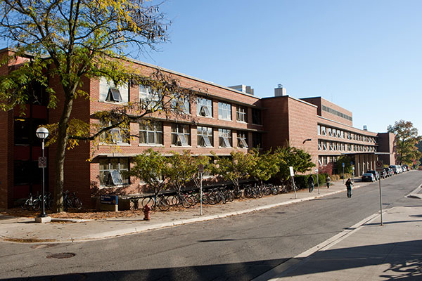 Exterior of Markley Hall in the spring