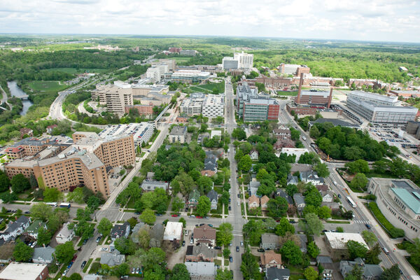 An aerial view of the medical campus on a summer day
