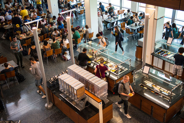An overhead view of a busy dining hall