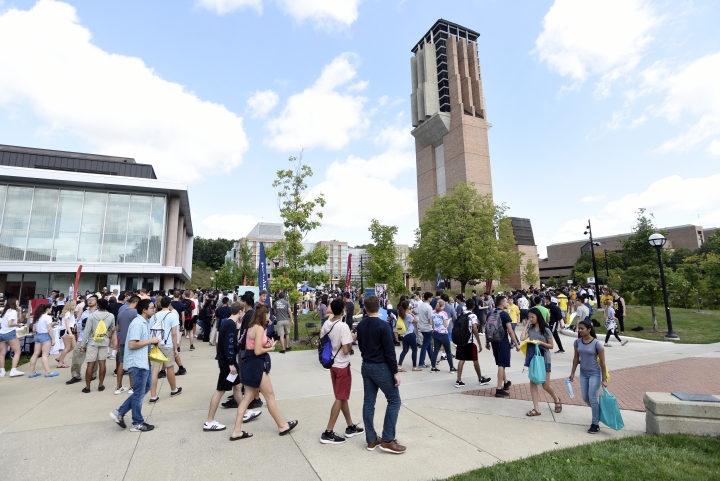 Students gathered on North Campus for "NorthFest," with Lurie Tower in the background.
