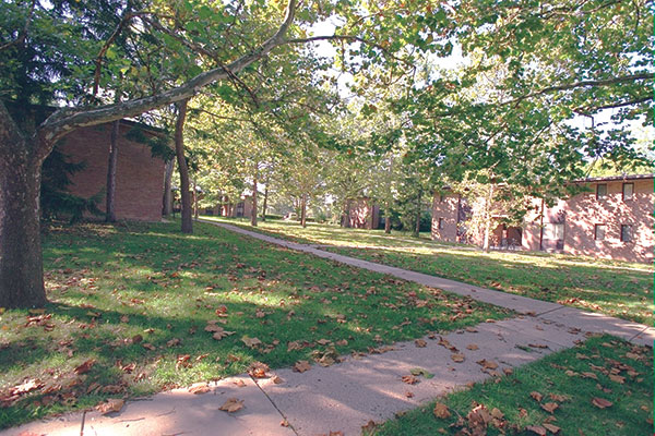 The brick exterior of Northwood I in early fall