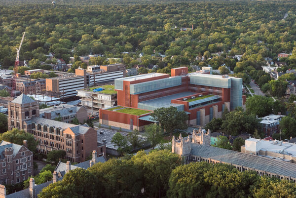 An aerial view of the Ross School of Business and its terracotta facade