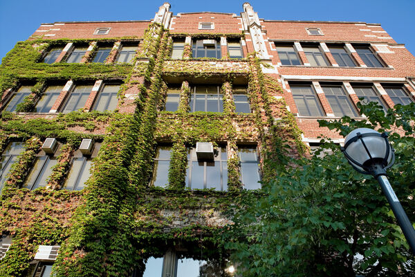 A view of the Marsal Family School of Education building from the ground. The building is brick and covered with ivy.