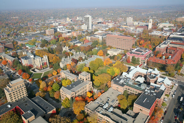 An aerial view of central campus, including the Marsal Family School of Education building