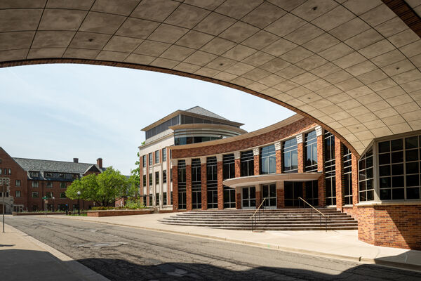 The underside of the bridge that connects both School of Public Health buildings over Washington Heights Boulevard