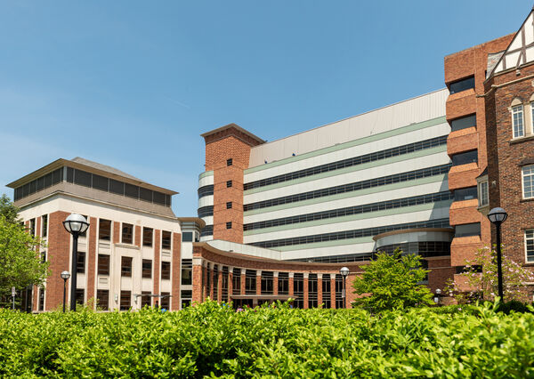 The School of Public Health building with part of the medical center towering behind it