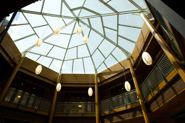 A spiral-shaped glass ceiling in the atrium