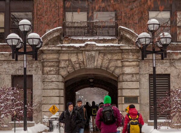 The famous arch walkway beneath East and West Halls off of the Diag