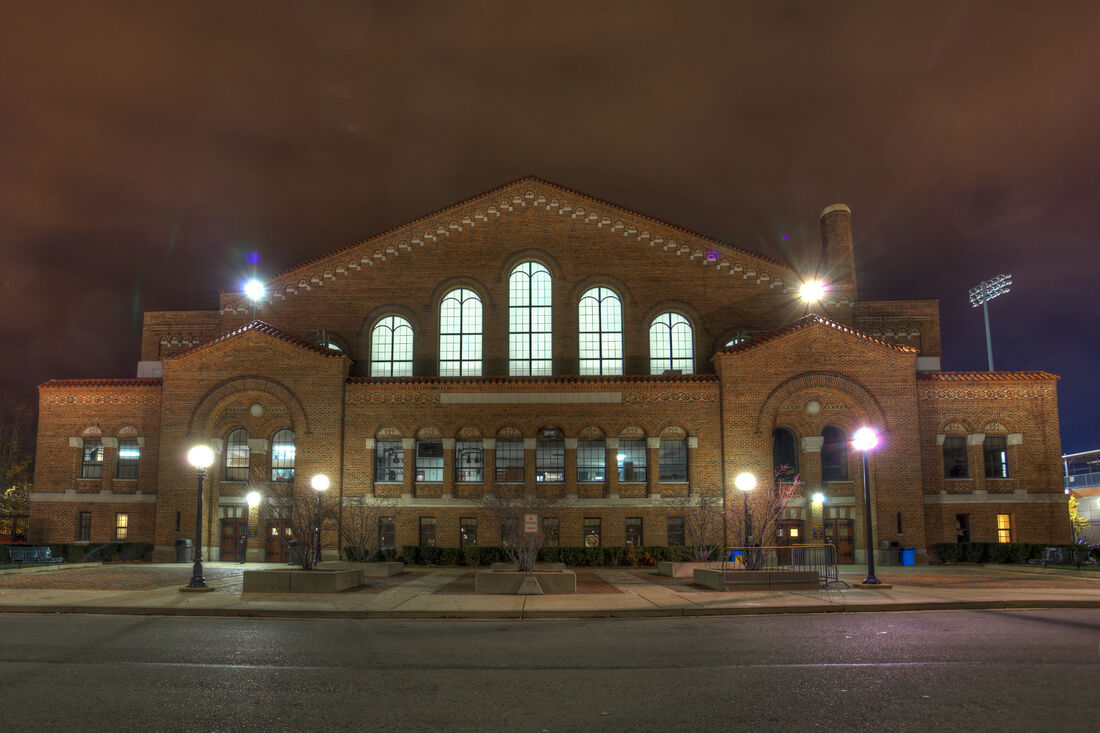 The exterior of Yost Ice Arena at night